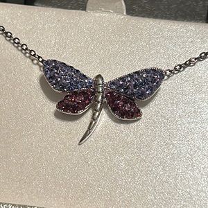 Silver Plated Dragon Fly Crystal Necklace - Tanzanite and Amethyst